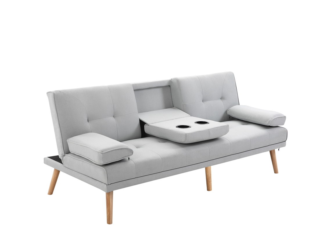 Este Sofá-cama Conversível De Três Lugares Possui Encosto Ajustável Em Três Posições, Duas Almofadas E Dois Porta-copos Integrados. Em Linho