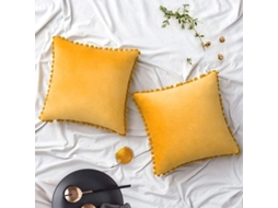 2026-2 Capas De Travesseiro De Veludo Outono Com Pompons 45x45cm Amarelo Mostarda Para Sofá Sala