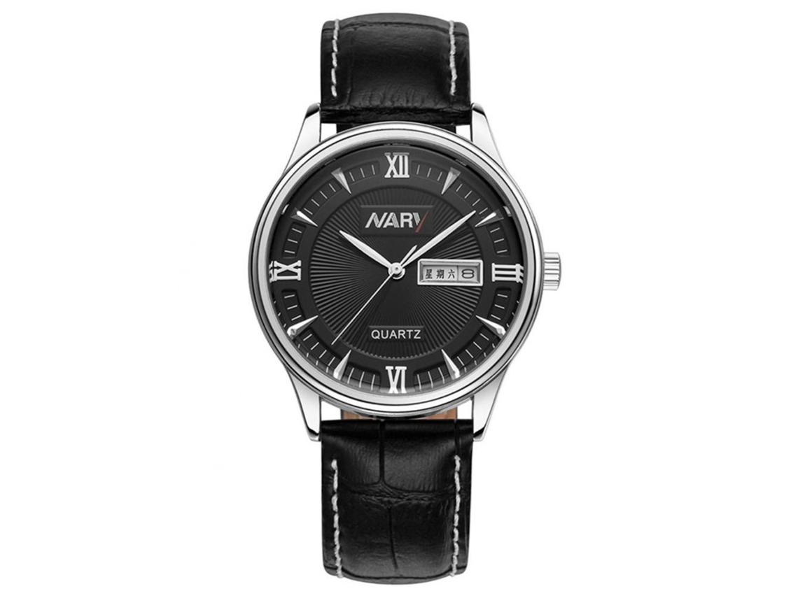 Relógio de pulso masculino Nary com calendário e pulseira de couro elegante 03