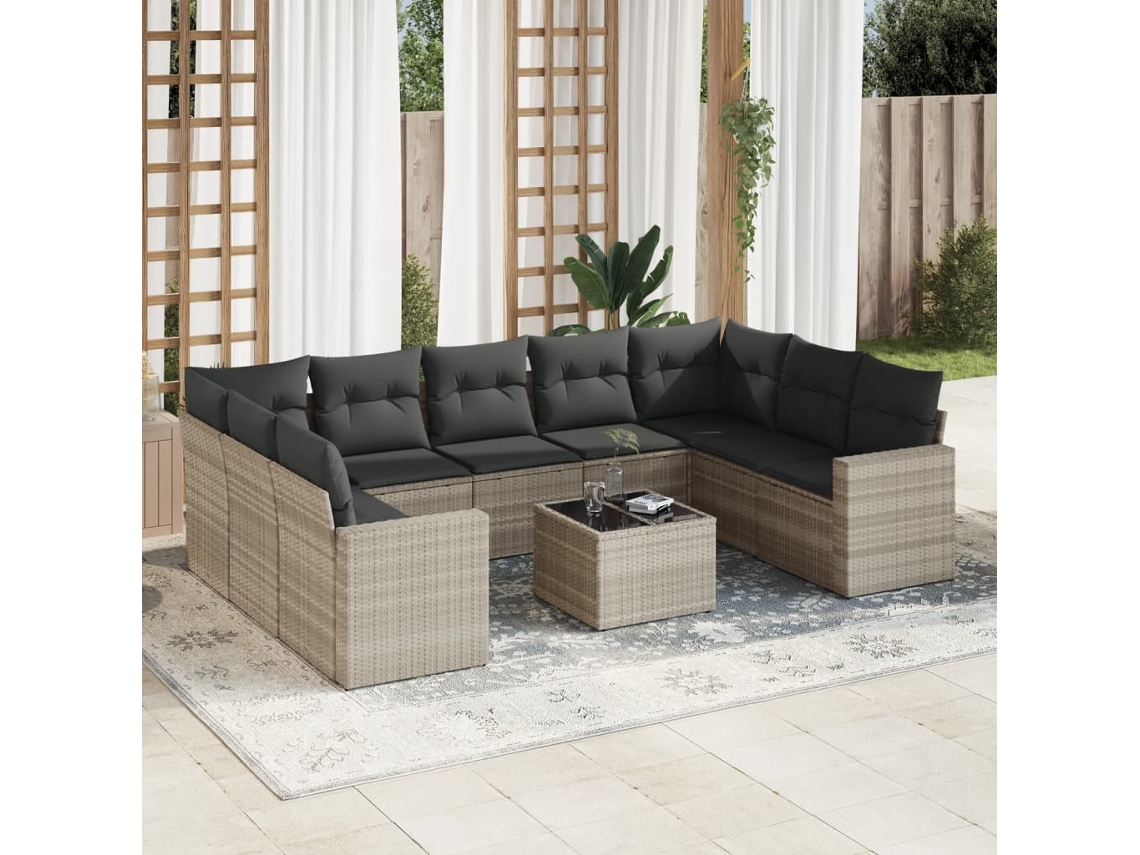 Vidaxl 10 Pcs Conj. Sofás Jardim Com Almofadões Vime Pe Cinzento-claro