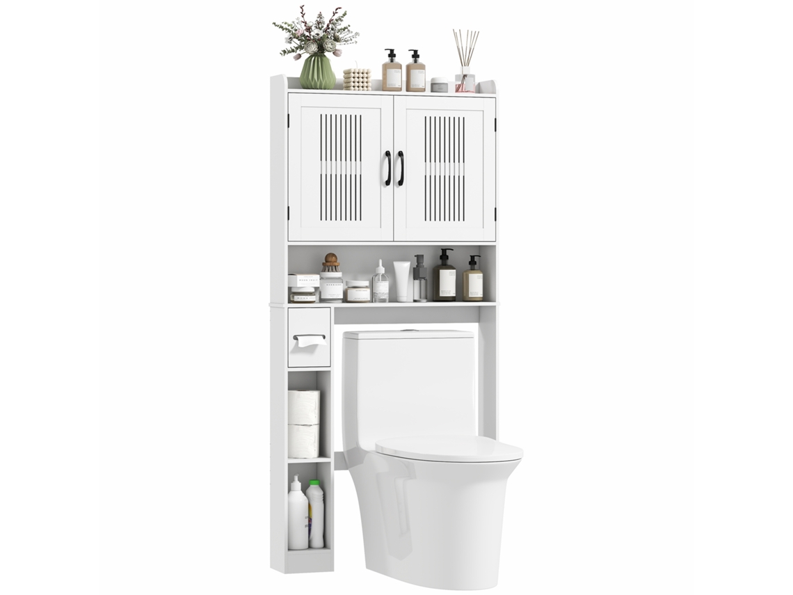 Armário Sobre Sanita 80x19,5x170cm Branco com Prateleira Ajustável, 2 Portas e Suporte para Papel Higiênico ou Máquina | S/MARCA