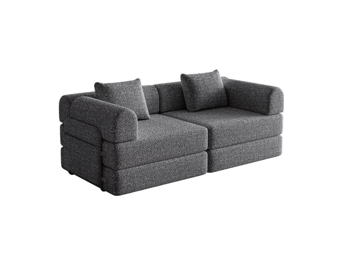 Sofá-cama 2 em 1 em chenille com design patenteado, braço com compartimento e estrutura metálica ajustável.