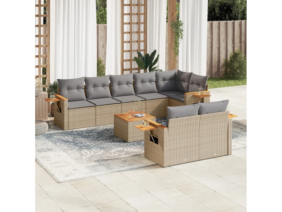 Vidaxl 9 Pcs Conjunto Sofás P/ Jardim Com Almofadões Vime Pe Cinzento