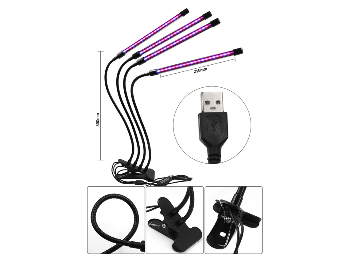 Luz de crescimento para plantas clip on USB espectro completo 9 níveis de brilho timer 3h/9h/12h | S/MARCA