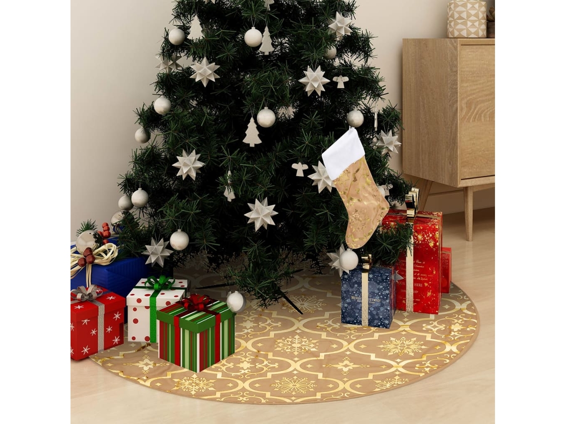 Vidaxl Saia De Árvore De Natal Luxuosa 90 Cm Com Meia Tecido Amarelo