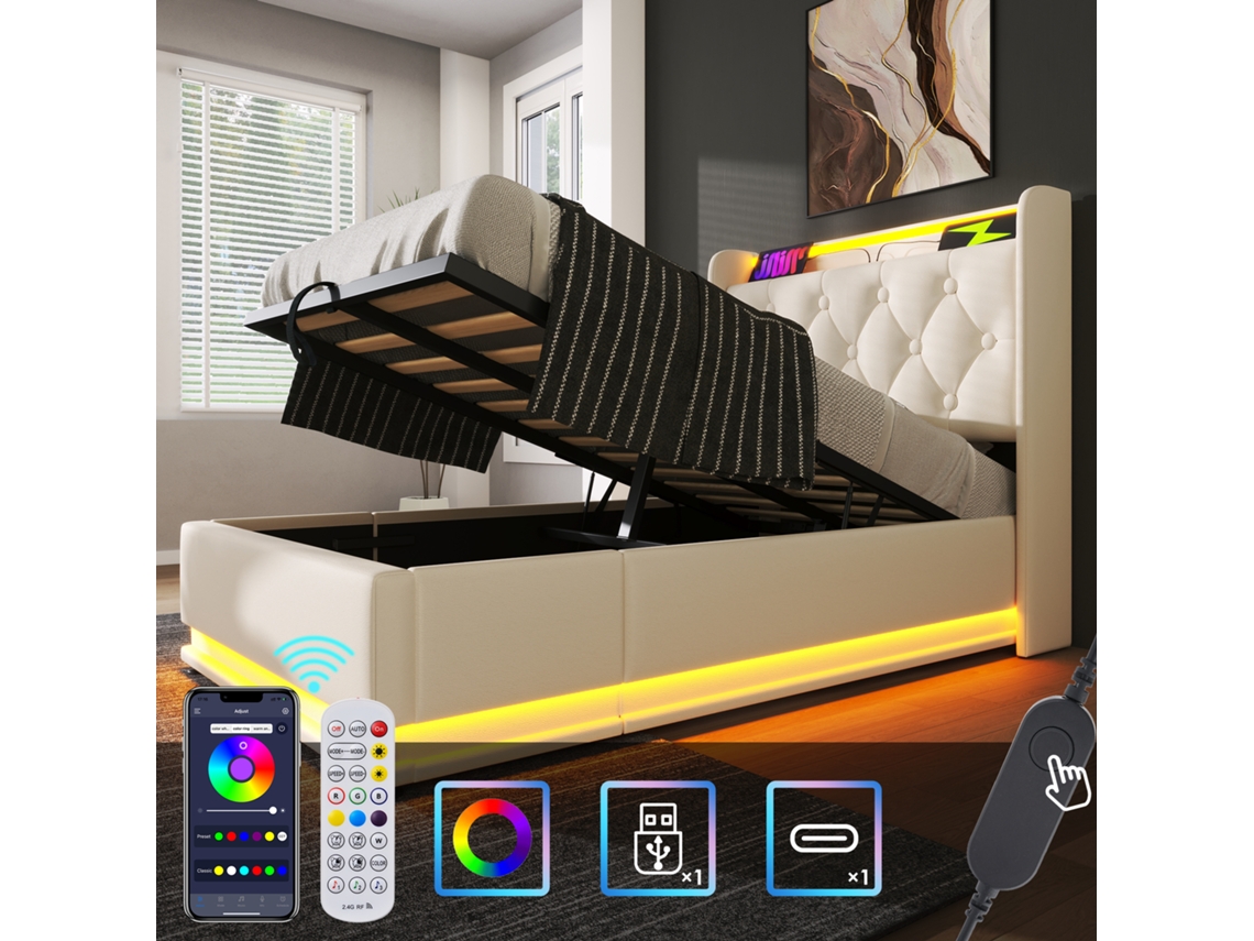 Cama Solteiro Polsterbett 90x200 Cm Led 360° Usb-c Controle App/botão Branco Pu