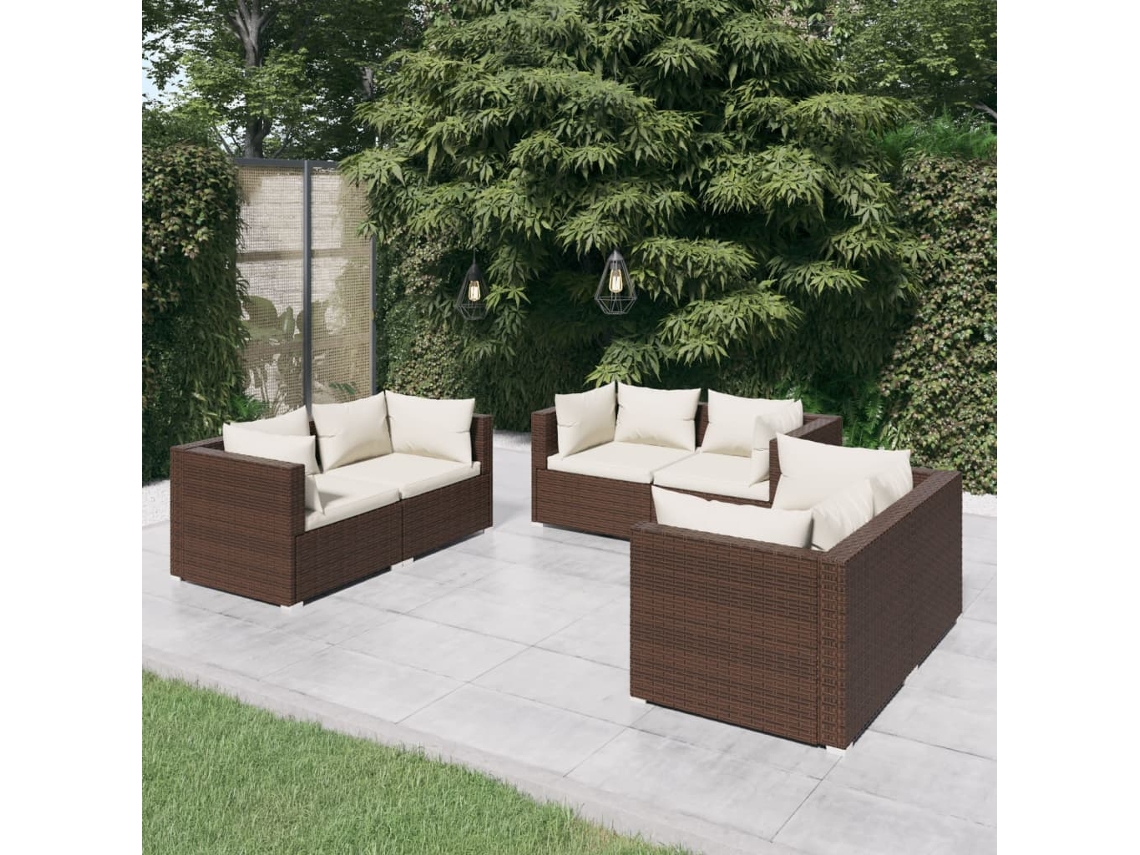 Vidaxl 6 Pcs Conjunto Lounge Jardim C/ Almofadões Vime Pe Castanho