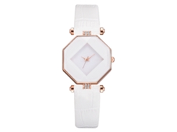 Relógio Feminino de Pulseira de Couro Pu com Mostrador de Losango e Rhinestones Branco