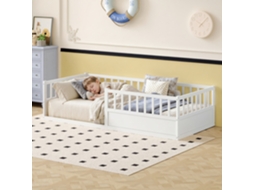 Cama infantil Montessori 90x200 cm em pinho branco, com grade, ripas VSOGA