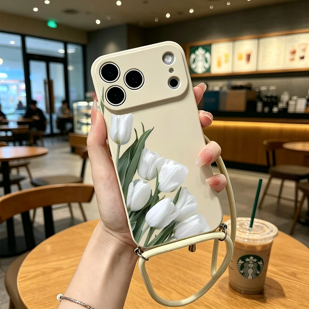 Capa Para Celular Com Alça Transversal Ajustável (iphone 14 Plus Branco), Feita De Material Tpu Macio.