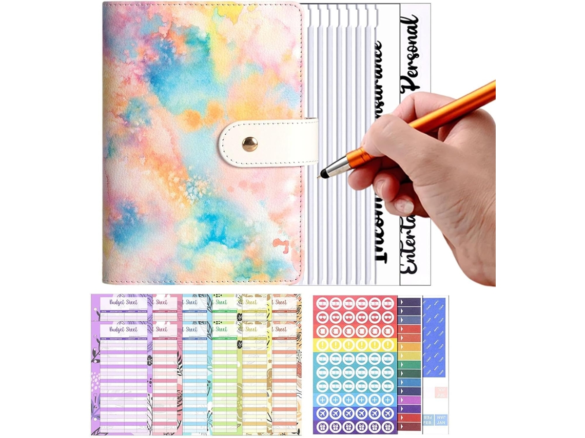 Organizador de economias com cartões de orçamento, caderno, bolso com zíper.