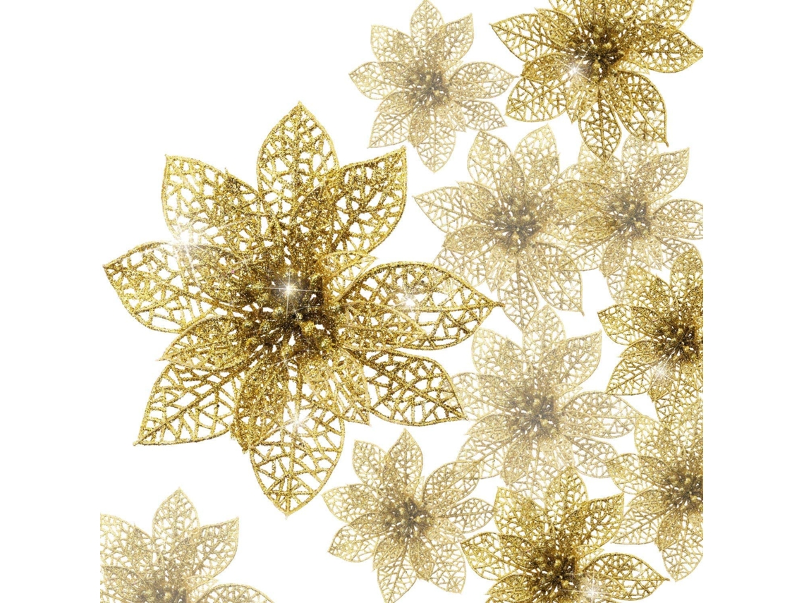 24 Peças de Enfeite de Árvore de Natal com Poinsétia Brilhante Ornamento de Decoração de Flor de Natal Áurico