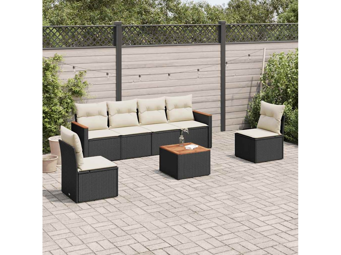 Vidaxl 7 Pcs Conjunto De Sofás P/ Jardim C/ Almofadões Vime Pe Preto