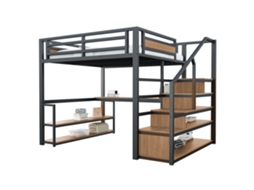 Cama Alta de Metal 140x200 Cm com Escada, prateleiras, mesa e estrutura Firme Preta PAPRIKA