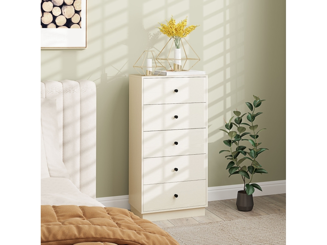 Cómoda 5 Gavetas, Móvel De Arrumação Alto E Estreito, Estilo Moderno Para Quarto E Sala – 47×29×95cm, Creme