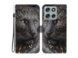 Capa De Couro Tkdaddy Para Motorola Moto G56 5g Com Suporte, Carteira, Estampa, Capa Para Celular Com Alça De Pulso, Preta, Dourada, Leão