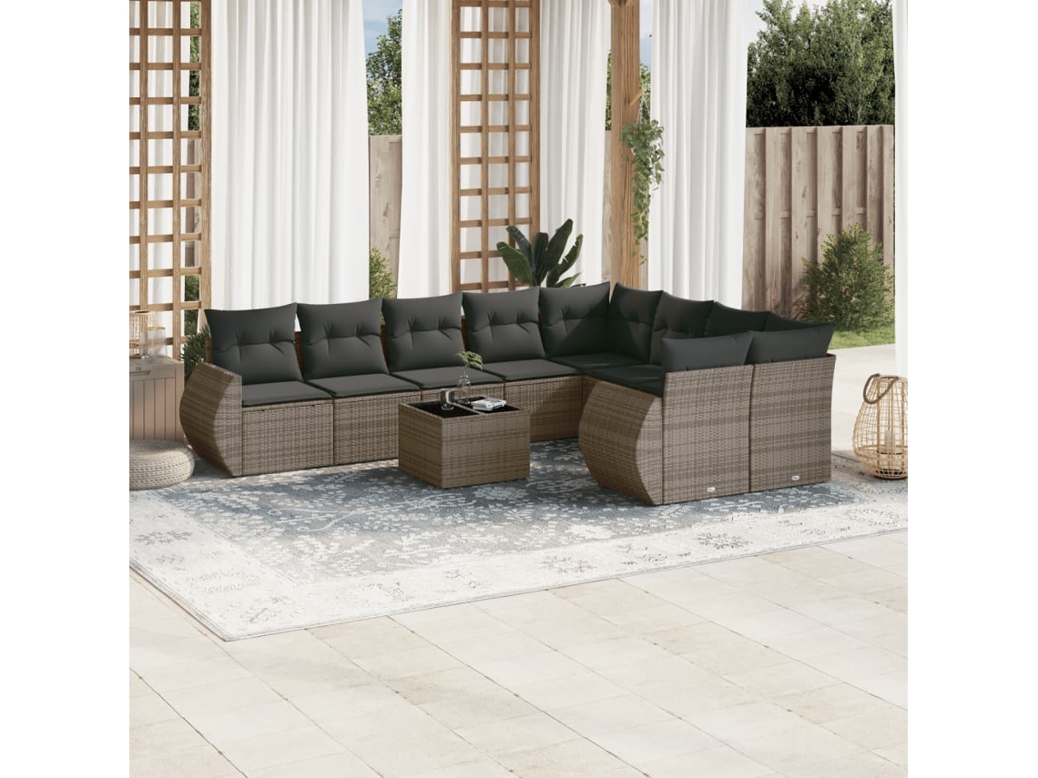 Vidaxl 10 Pcs Conjunto Sofás De Jardim C/ Almofadões Vime Pe Cinzento