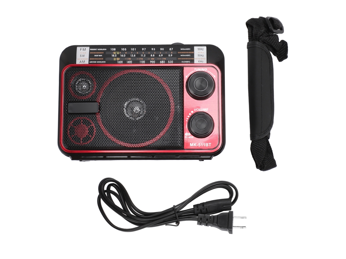Rádio Mali Portátil de Onda Curta, FM, AM, SW, Bluetooth 5.0, com Antena Telescópica, Preto e Vermelho, Plug US 110V