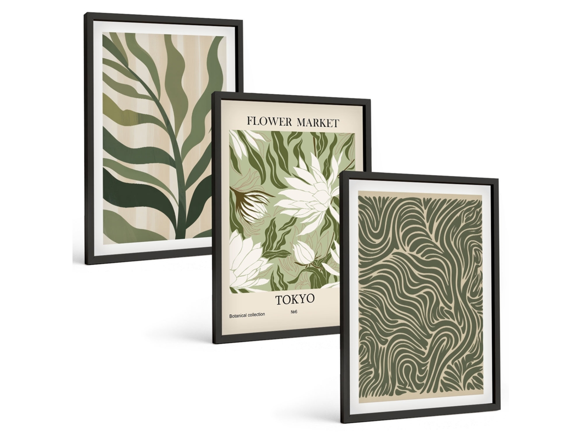 Composição De Quadros Decorações Com Padrões De Plantas Boho Moldura Preta Imagens Para Um Quarto Infantil Espelharte (3 Piezas De 40x60 Cm)