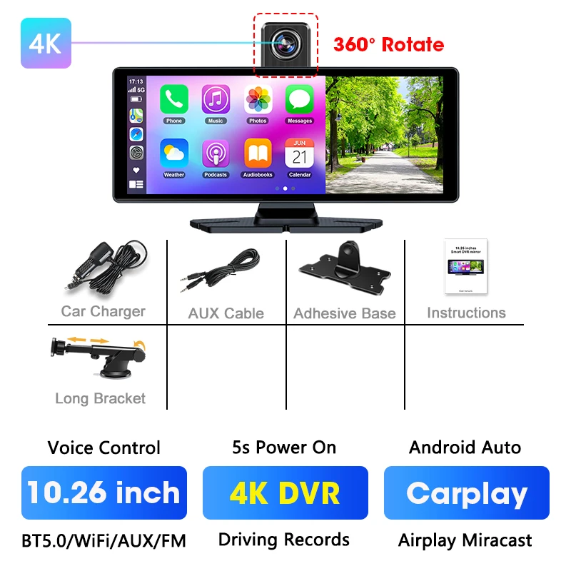 (dvr) Câmera Veicular De 10,26 Polegadas, 4k Com Carplay Sem Fio