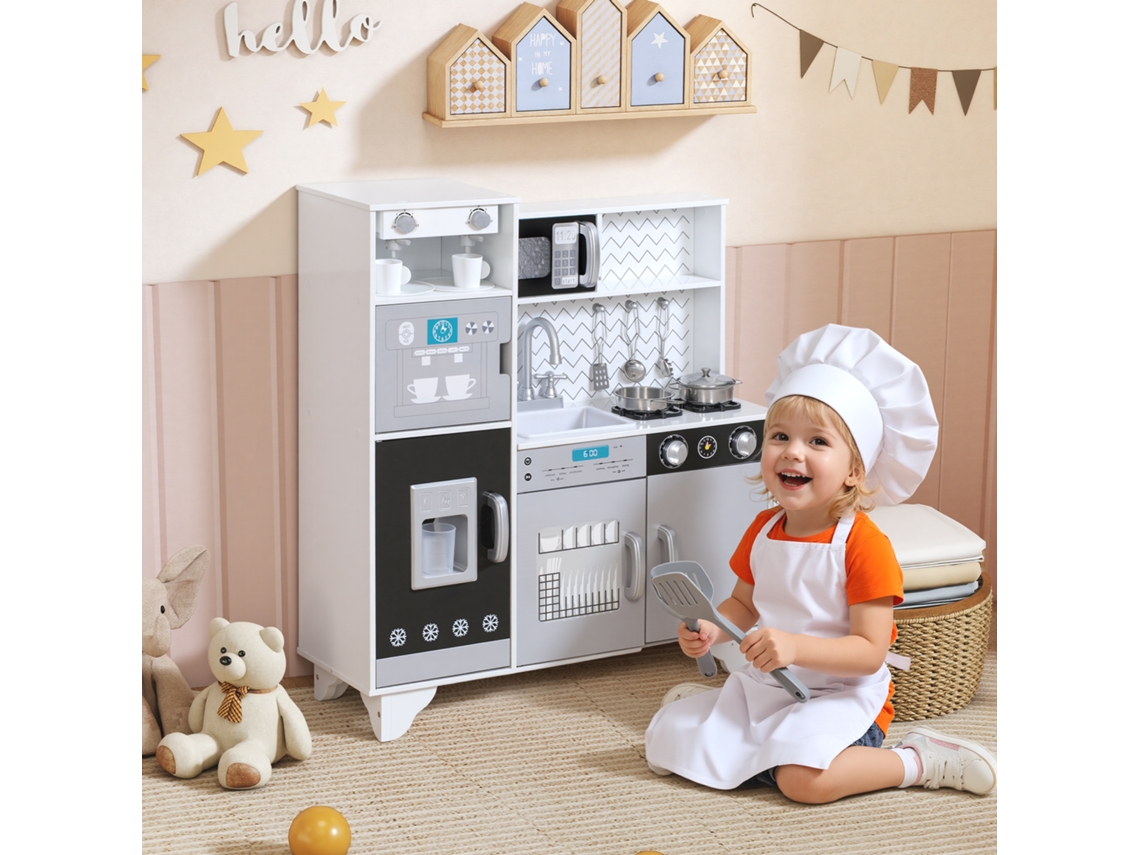Cozinha Infantil De Madeira Branca Com Utensílios De Aço Inoxidável E Sons Realistas Para Crianças Acima De 3 Anos