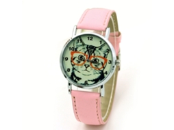 Relógio de Pulso Feminino de Couro Pu Padrão de Gato Liga Quartzo Rosa