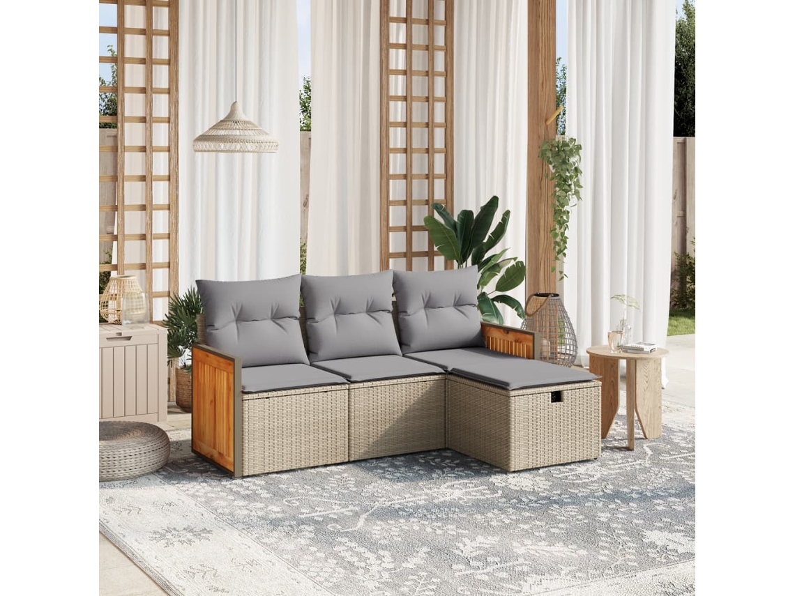 Vidaxl 4 Pcs Conj. Sofás Jardim C/ Almofadões Vime Pe Bege Misturado