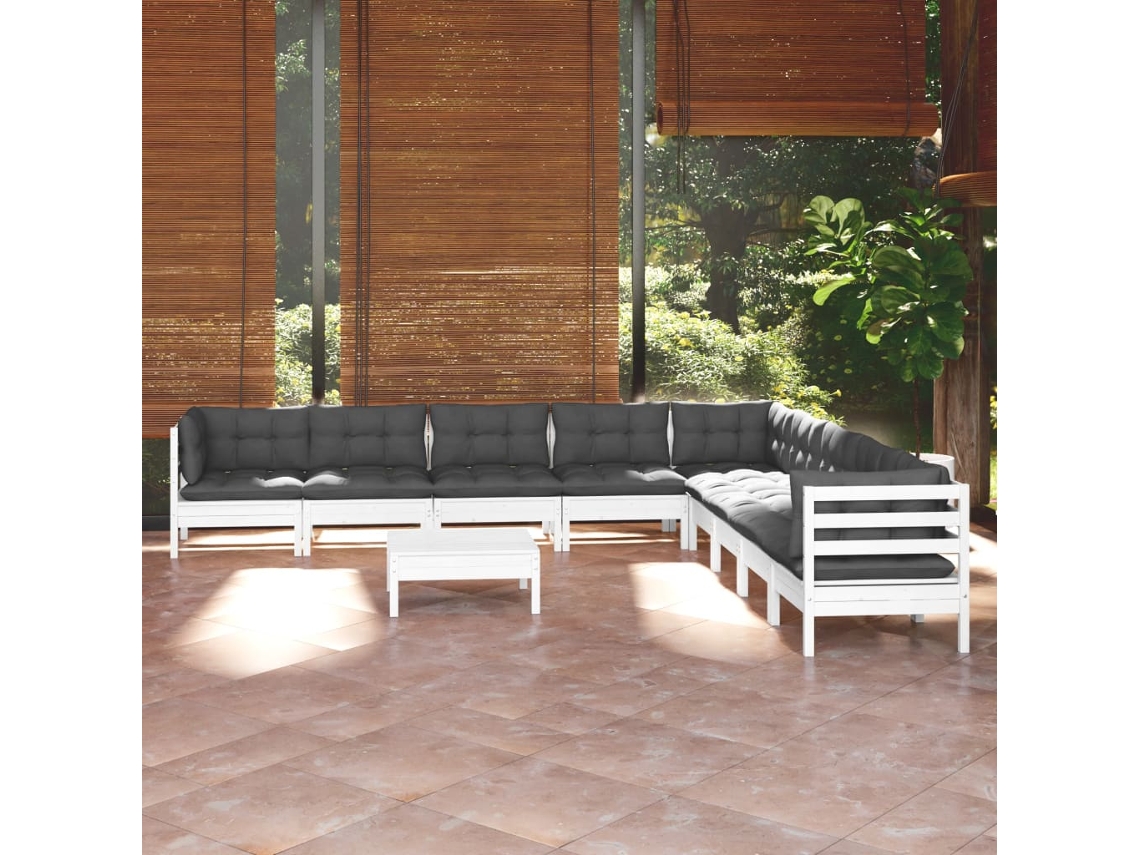 Vidaxl 10 Pcs Conj. Lounge De Jardim C/ Almofadões Pinho Maciço Branco
