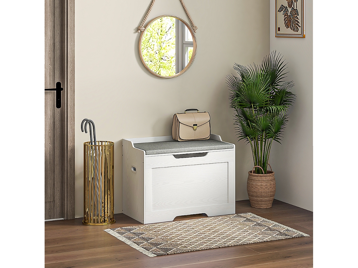 Banco De Madeira Branco Multifuncional Com Almofada De Tecido, 75x40x56cm