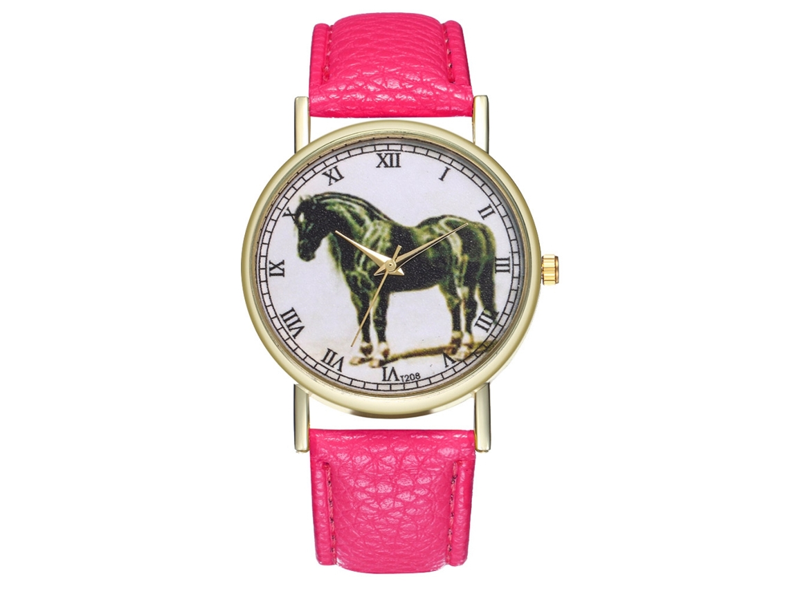 Reloj De Cuarzo Unisex Casual Con Patrón De Caballo Negro Elegante (rojo Rosa)