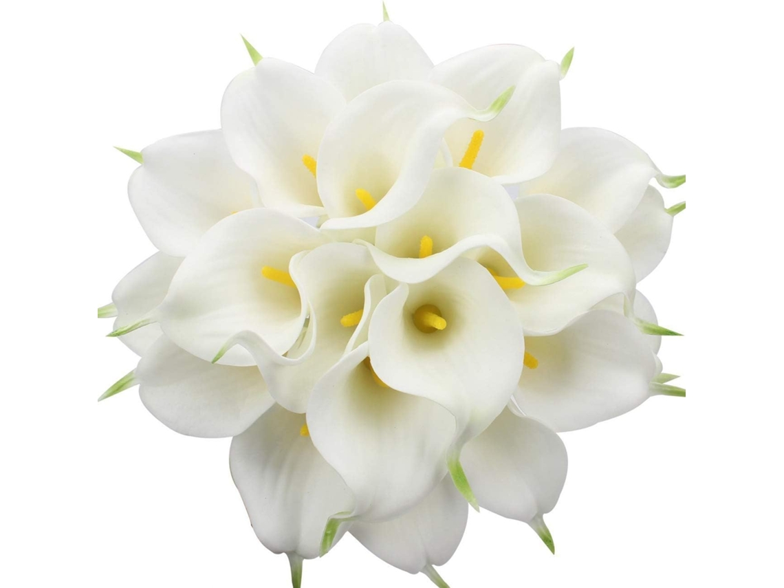 Buquê de Noiva com 20 Lírios de cálice Artificiais, Flores de Látex Toque Realista, para Casa, Festas e Casamentos AQUAFORGE (branco e Amarelo)