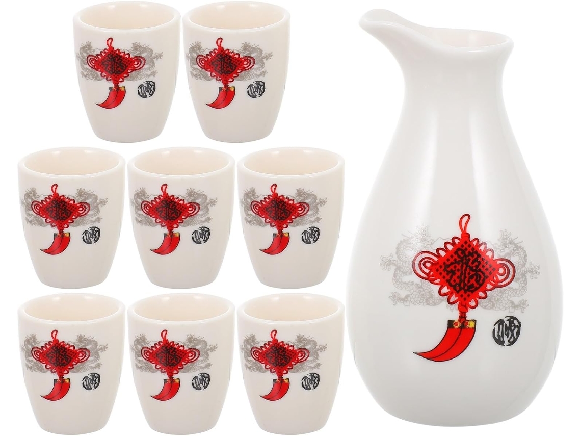 Conjunto De Saquê De Cerâmica Branca Com 9 Peças, Incluindo Dispensador De Bebidas Alcoólicas E Copos.