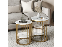 Conjunto De 2 Mesas De Centro Redondas Com Prateleira, Estrutura De Aço, Mesa De Sala De Mármore Para Sala De Estar Ou Quarto Branco Quenty