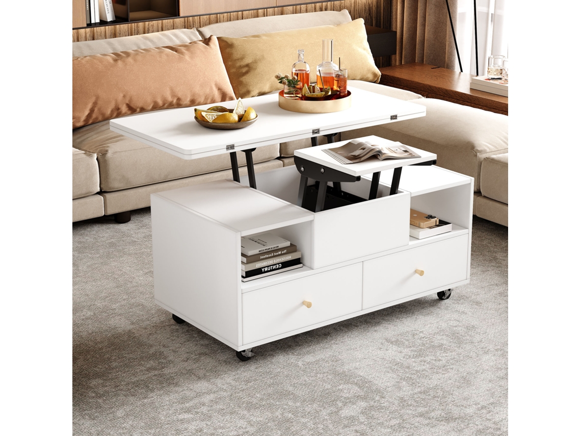 Mesa Centro Ajustável 100x50x47,5cm, Hidráulica, 4 Gavetas, Rodízios, Branca. Cs