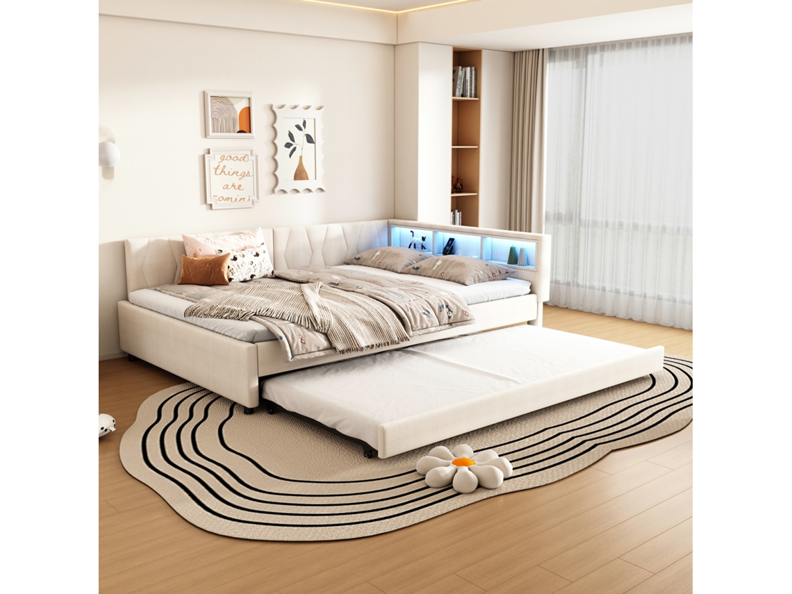 Sofá Cama Daybett 140x200cm Lino Bege Led Usb Typ C Sem Colchão