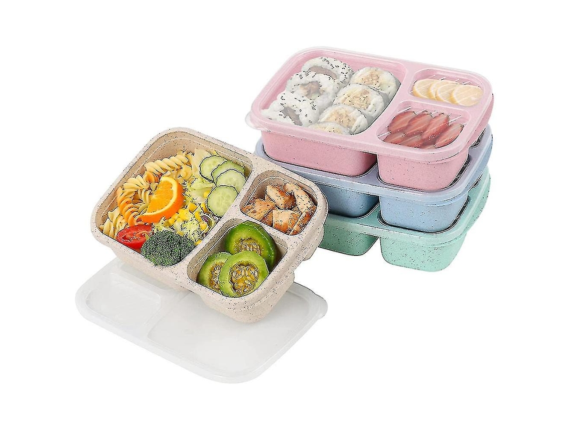 4 Pack Caixa de Almoço Bento, Recipientes de Preparação de Comidas com 3 Compartimentos, Reutilizáveis para Crianças e Adultos como Se Muestra