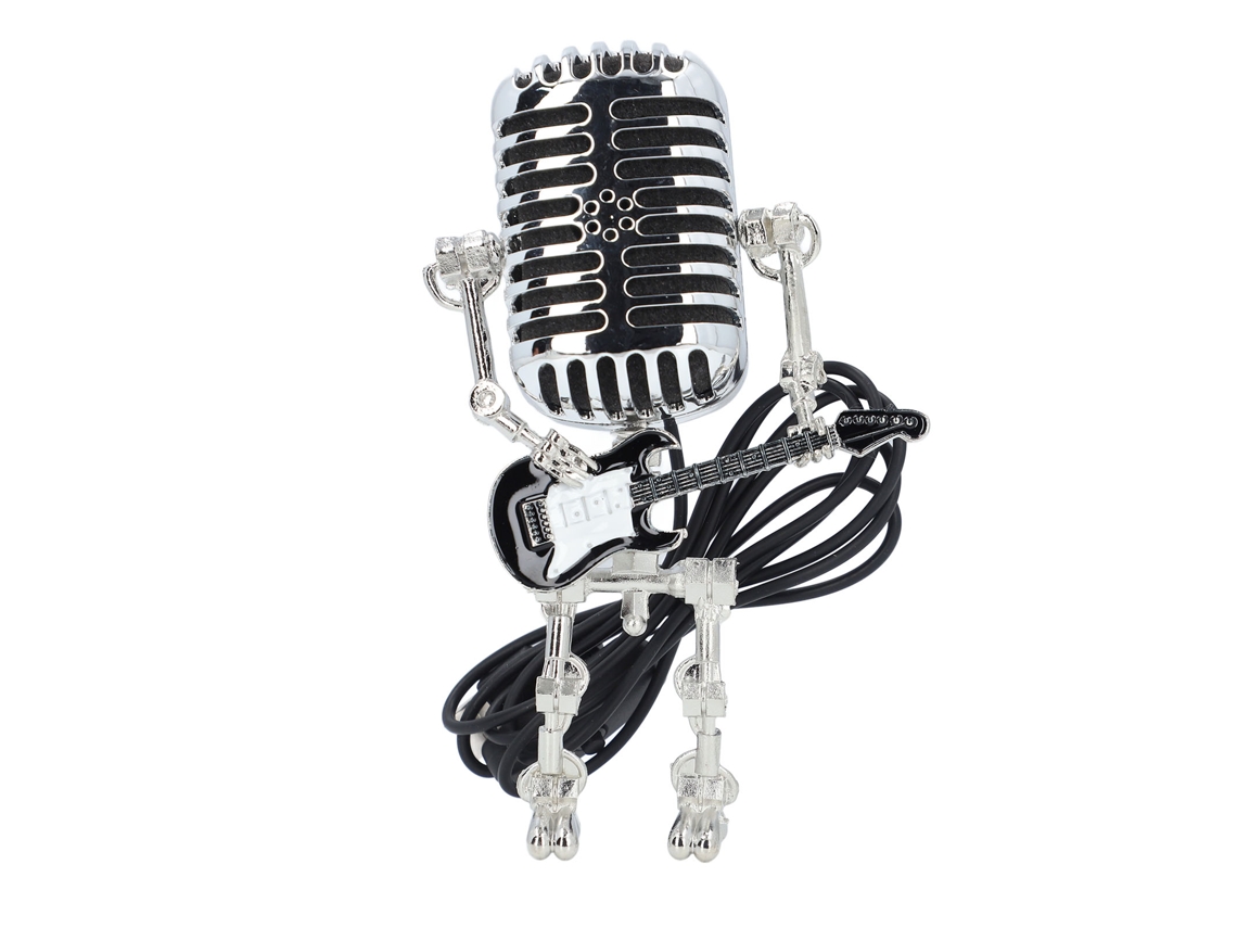 Microfone de metal estilo retrô punk com guitarra e luminária LED para quarto ou bar, preto.