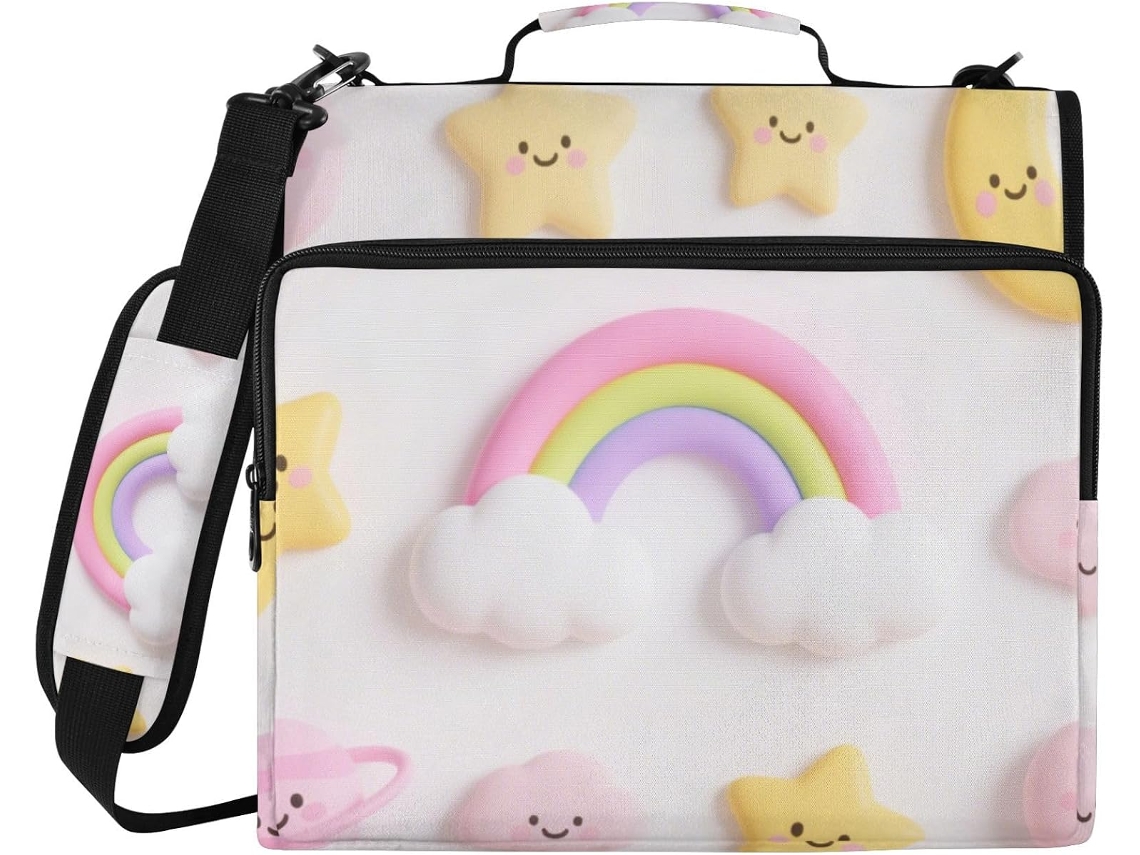 Pasta Resistente Com Zíper, Design Animado Rainbow Star Print 1, 5 Polegadas, Alça De Ombro E Mão, À Prova D
