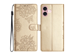 Capa Em Couro Pu Padrão De Flor E Borboleta Para Apple Iphone 16 Plus - Ouro