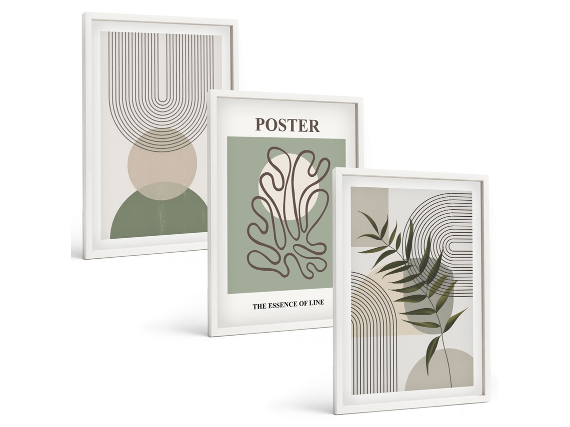 Conjunto De Pinturas Padrões Botânicos Geométricos Moldura Branca Fotos Para O Escritório Espelharte (3 Piezas De 40x60 Cm)