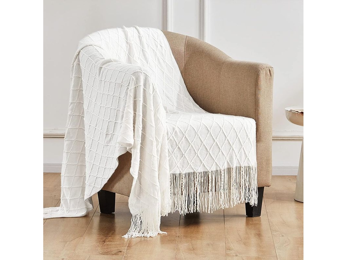 2026-manta Tejida Ligera Suave Com Frunços Para Sofá E Cama, Manta Decorativa De Estilo Rural (50"x60", Crema Branco-d)