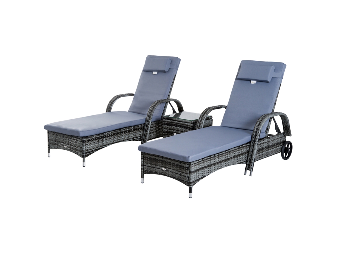 Conjunto 2 Espreguiçadeiras ZENCORE SERVICES com colchão, apoio de cabeça, reclinação ajustável, braços, rodas, mesa de centro em resina cinza