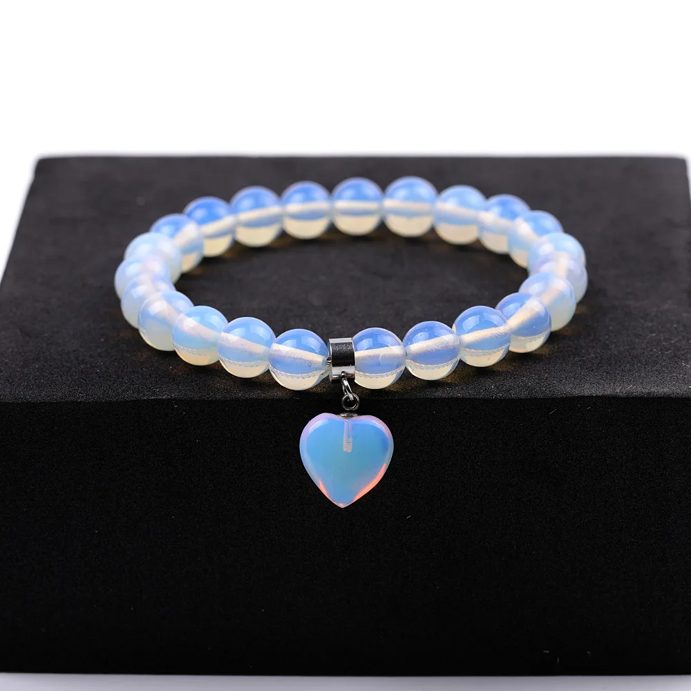 Pulseira Feminina com Pingente de Coração em Quartzo Rosa, Pedra Preciosa Natural MDUG (oppa)