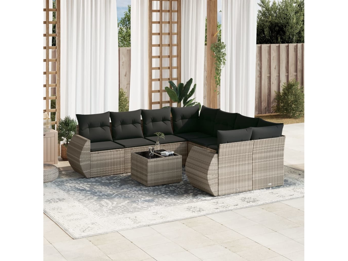 Vidaxl 9 Pcs Conj. Sofás Jardim com Almofadões Vime Pe Cinzento claro