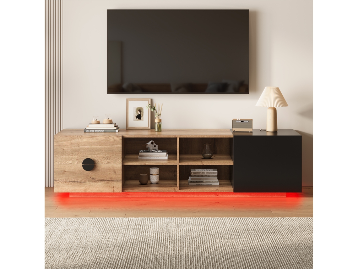 Móvel para TV KOMHTOM em madeira e preto, 180x38,5x47 cm, 1 gaveta, 1 prateleira, 1 armário, organização em degraus, para tela grande