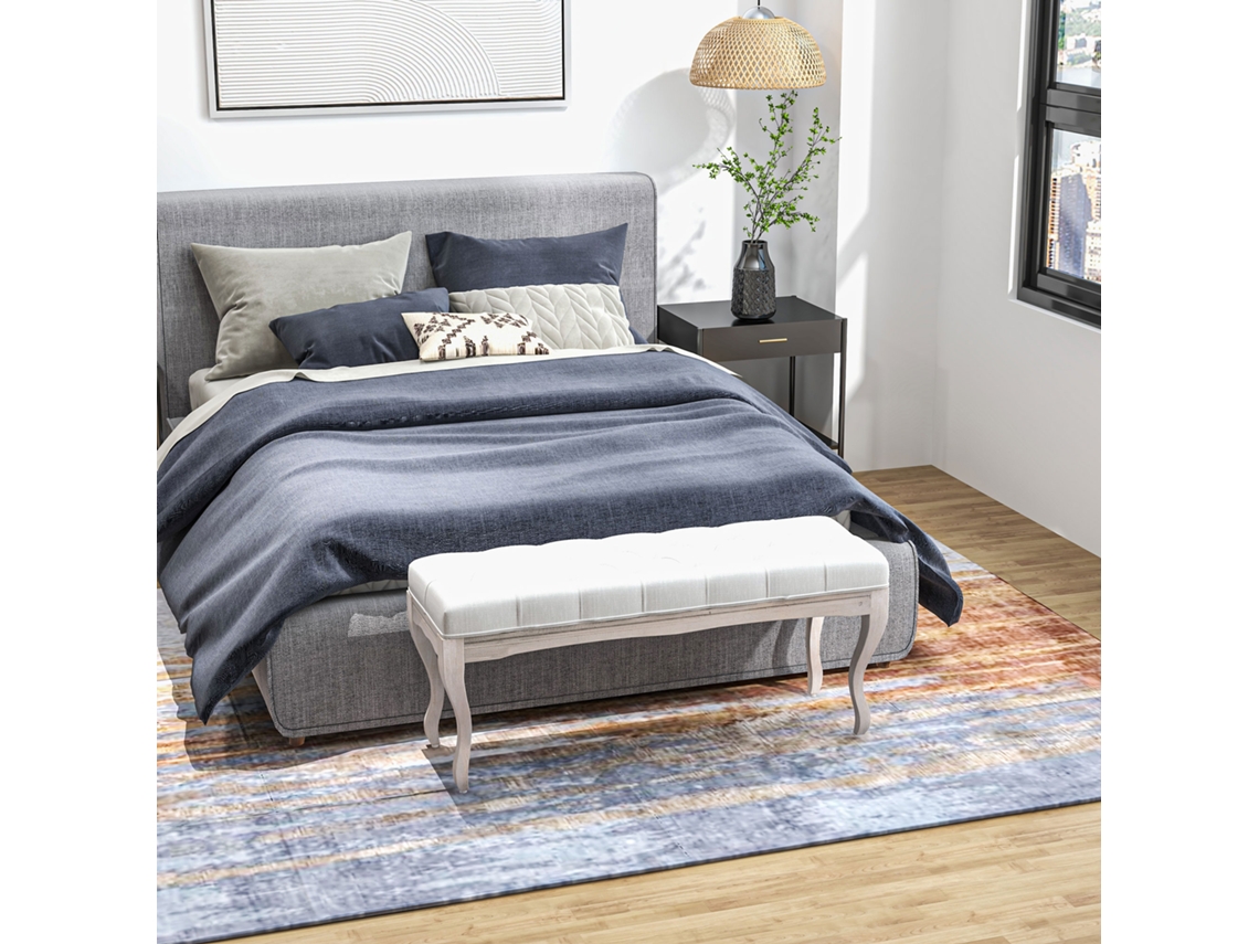 Banco Pé De Cama Com Assento Acolchoado 110x37x49 Cm Creme - Pés De Madeira Para Dormitório E Corredor