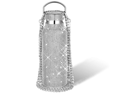 Garrafa térmica Rebe-304 em aço inoxidável com pedras brilhantes e corrente, 500ml, prateada.