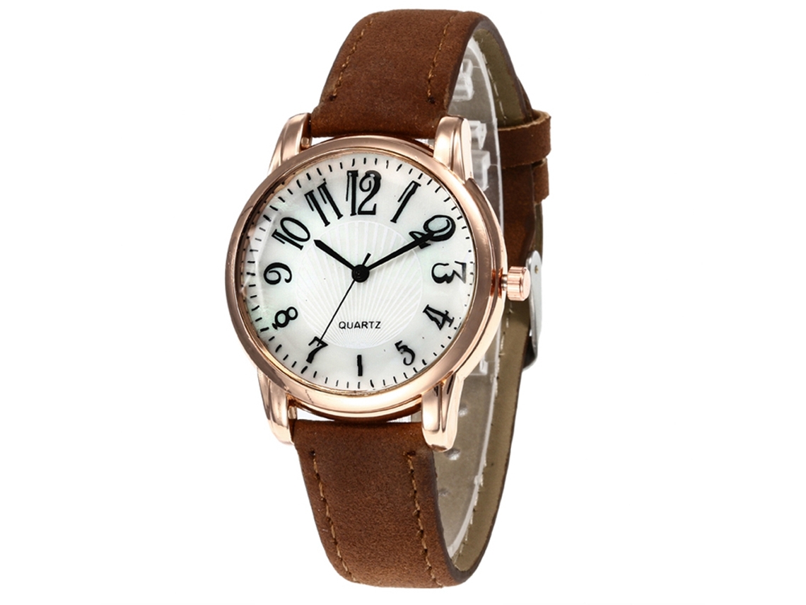 Relógio de Pulso Feminino de Quartzo com Pulseira de Couro Pu Estilo Moderno Café