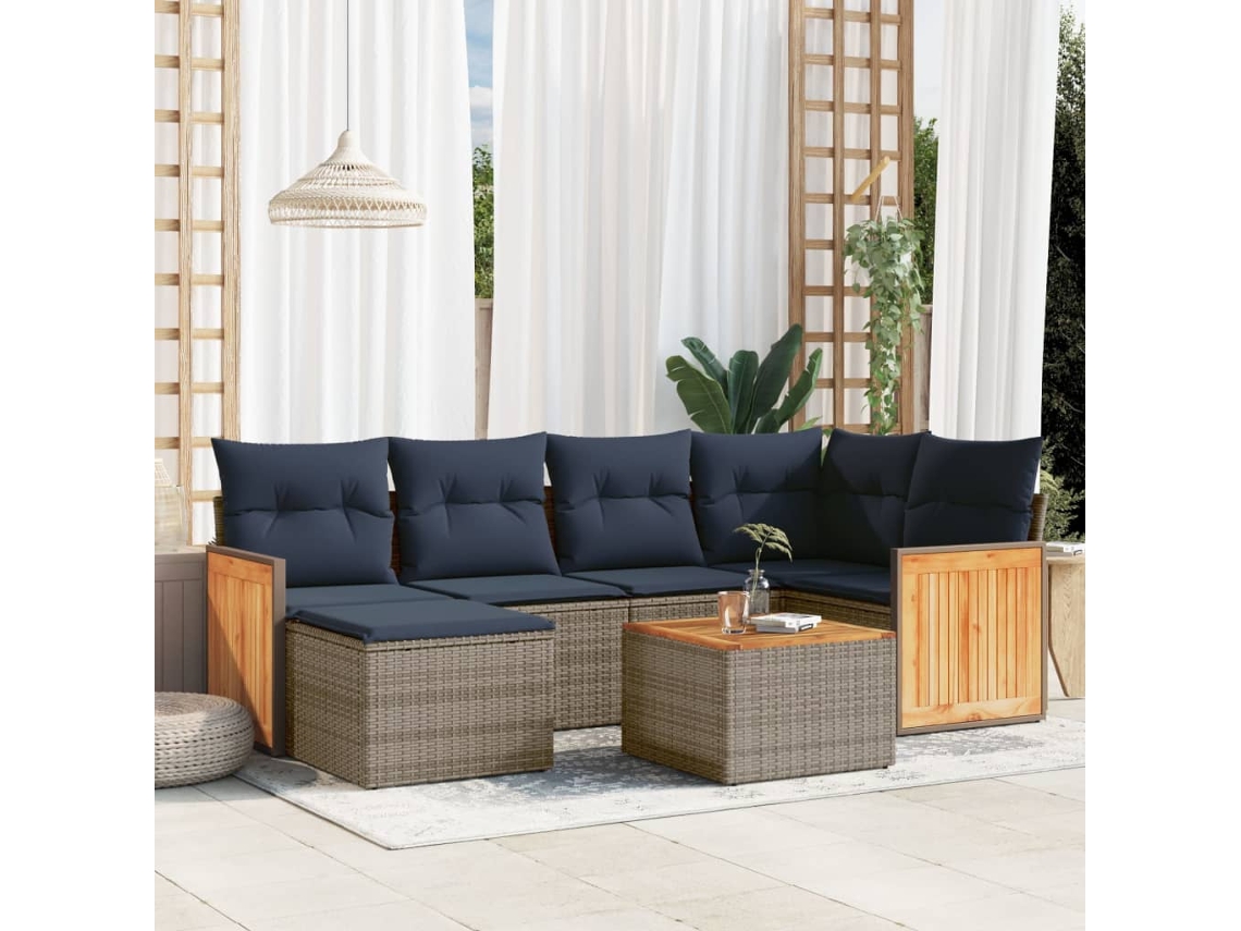 Vidaxl Conjunto De Sofá De Jardim Com 7 Peças E Almofadas Em Rattan Sintético Cinza