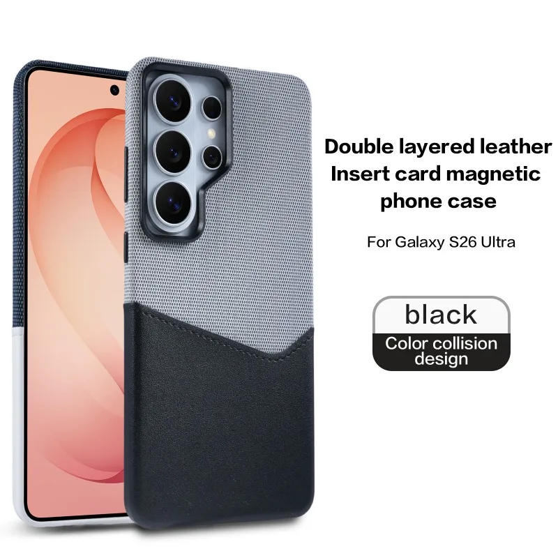 Capa Para Celular Em Couro De Linho (preta, S26 Ultra), Com Fixação Magnética E Resistente A Impactos.